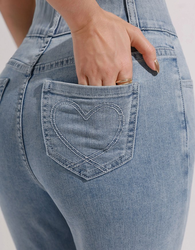 Cooling Fabric Double Button Jeans Denim Skinny Pants with Heart Pocket Stitching