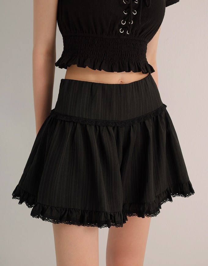 High Waist Tiered Crinkle Shorts with Ruffled Lace Hem Detail