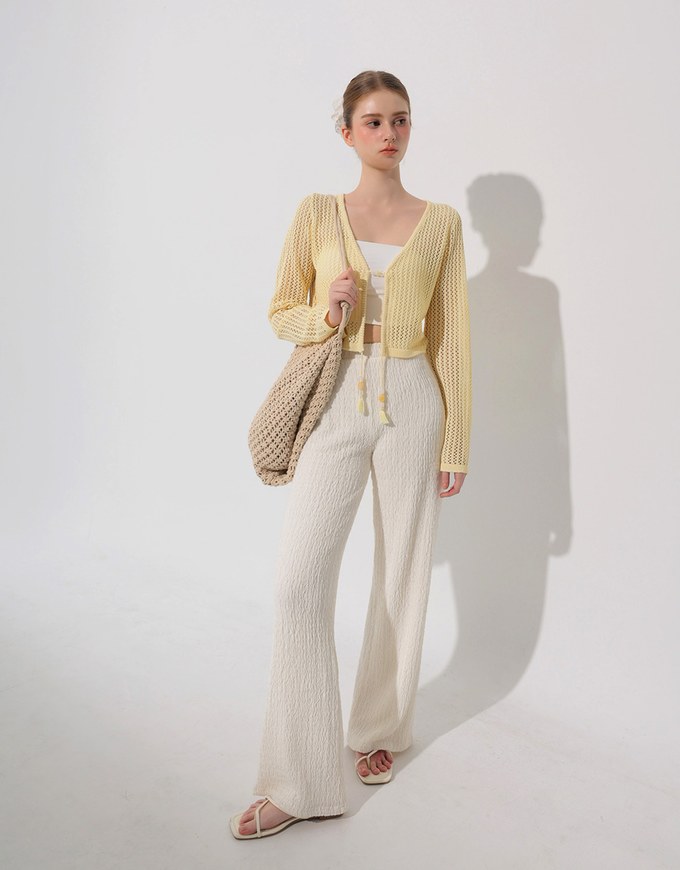 Elastic Waist Crinkled Texture Wide Leg Pants