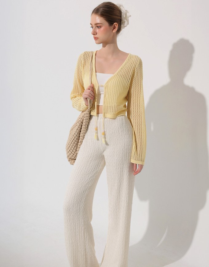 Elastic Waist Crinkled Texture Wide Leg Pants