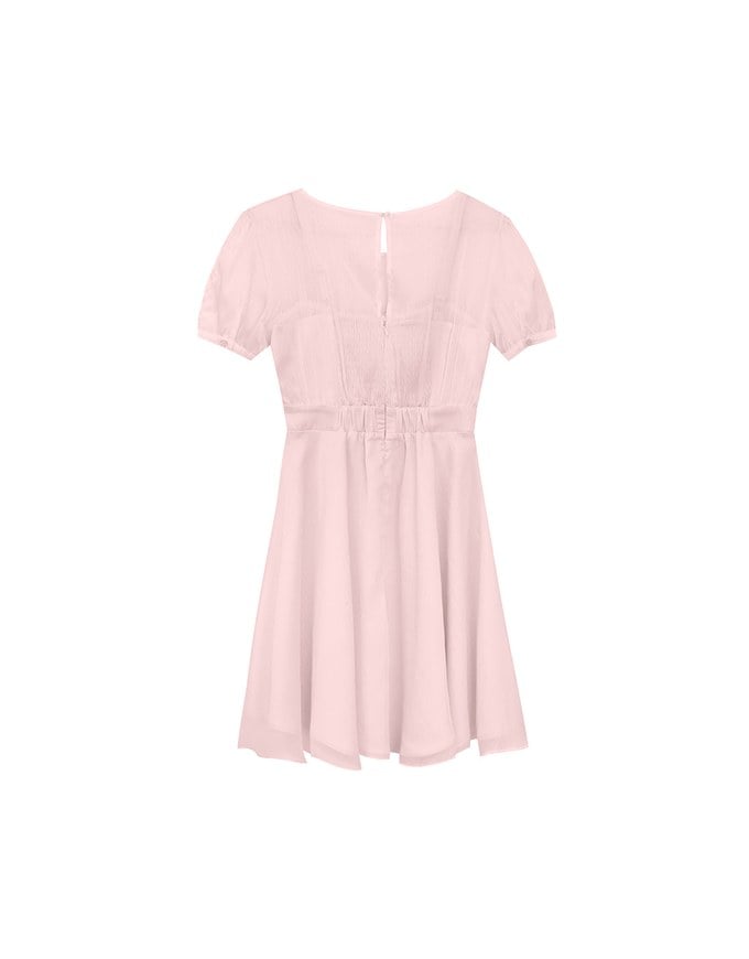 Layered Mesh Puff Sleeve Flare Mini Dress