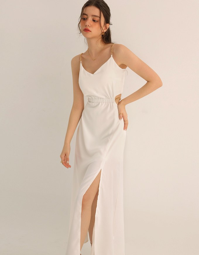 Gold Chain Spaghetti Strap Slit Padded Maxi Dress