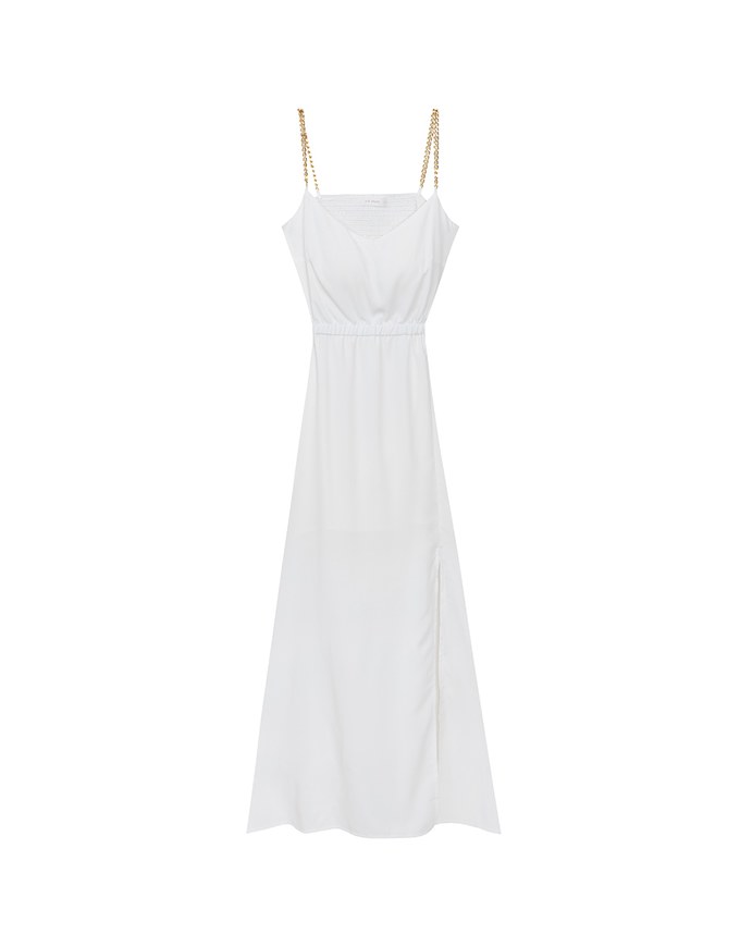 Gold Chain Spaghetti Strap Slit Padded Maxi Dress