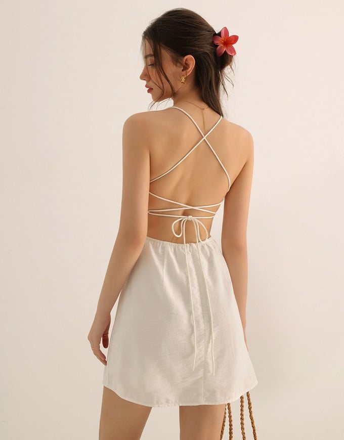 Cooling Fabric Lighweight Crisscross Backless Strappy Padded Mini Dress