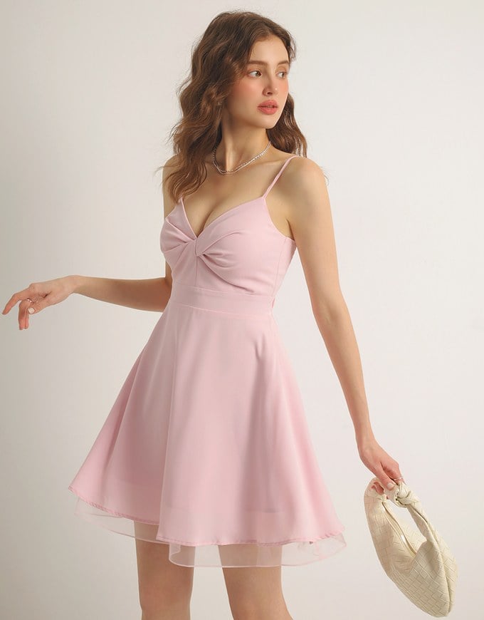 Spaghetti Strap V Neck Twist Detail Flowy Padded Mini Dress