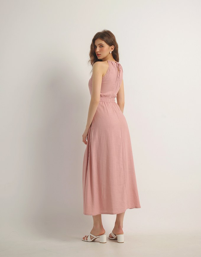 Side Cut Out Padded Maxi Dress with Lace Halter Neckline