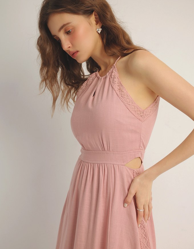 Side Cut Out Padded Maxi Dress with Lace Halter Neckline