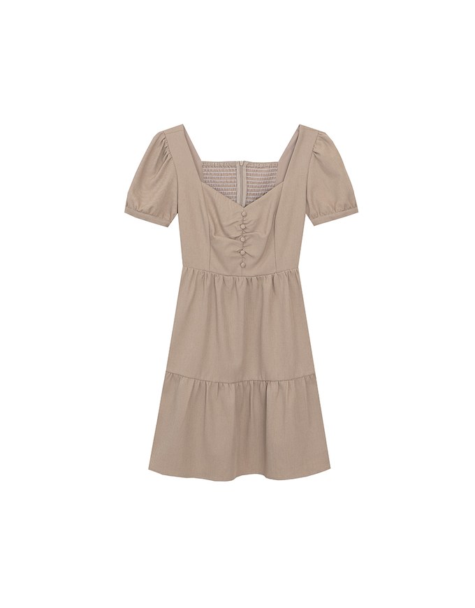 Sweetheart Neckline Puff Sleeve Tiered Mini Dress with Button Detail