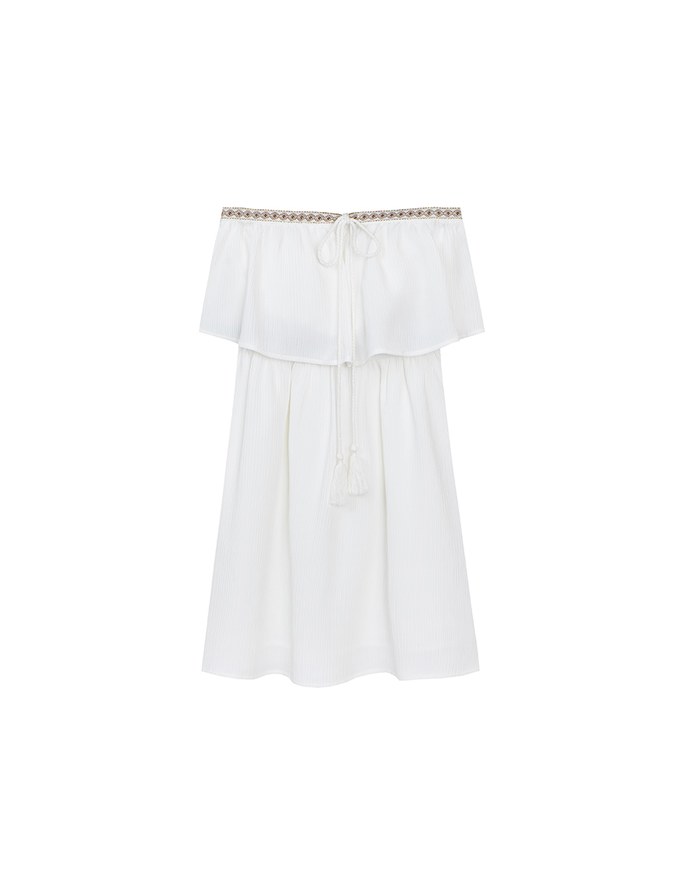 Boho Embroidered Bandeau Padded Mini Dress with Tassel Tie Design