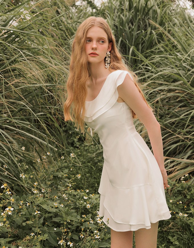 Asymmetric Ruffled Chiffon Cold Shoulder Padded Mini Dress