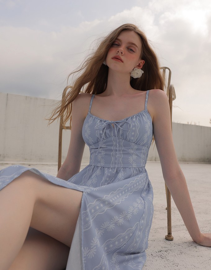 Dainty Floral Embroidery Tie Front Padded Flowy Maxi Dress