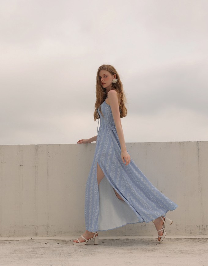 Dainty Floral Embroidery Tie Front Padded Flowy Maxi Dress
