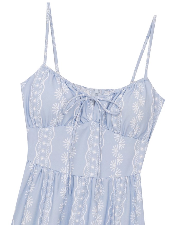 Dainty Floral Embroidery Tie Front Padded Flowy Maxi Dress