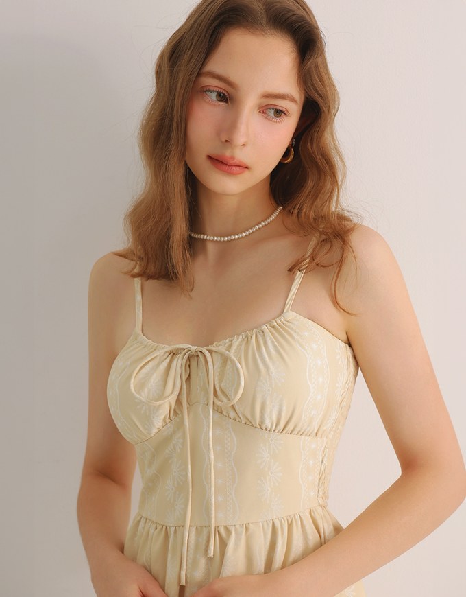 Dainty Floral Embroidery Tie Front Padded Flowy Maxi Dress