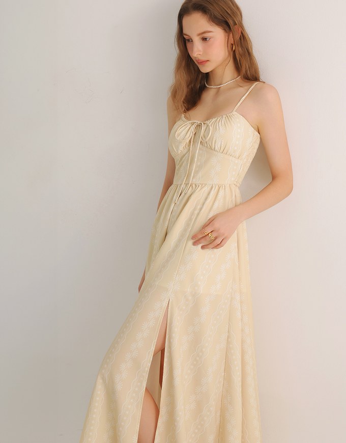 Dainty Floral Embroidery Tie Front Padded Flowy Maxi Dress