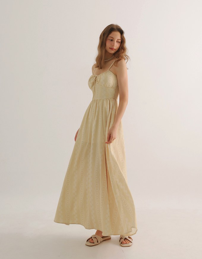 Dainty Floral Embroidery Tie Front Padded Flowy Maxi Dress