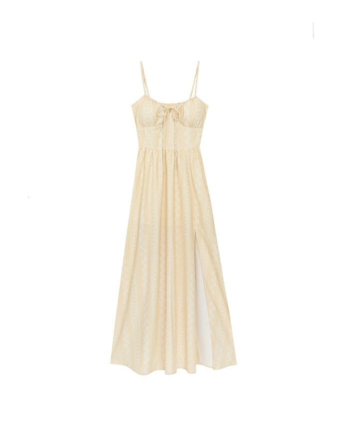 Dainty Floral Embroidery Tie Front Padded Flowy Maxi Dress