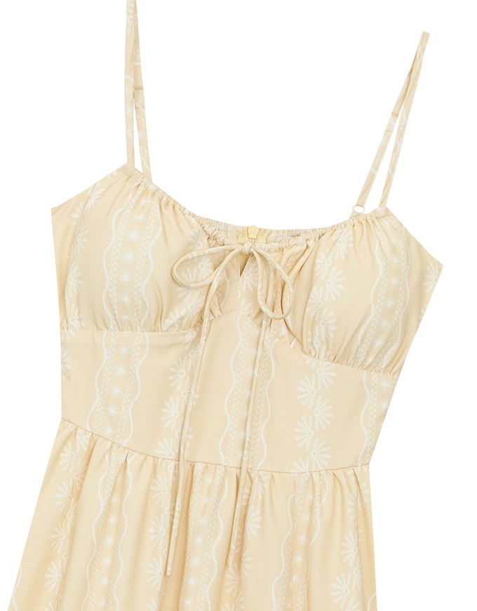 Dainty Floral Embroidery Tie Front Padded Flowy Maxi Dress