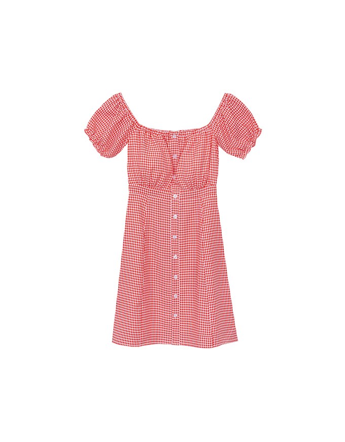 Gingham Off Shoulder Puff Sleeve Button Front Padded Mini Dress