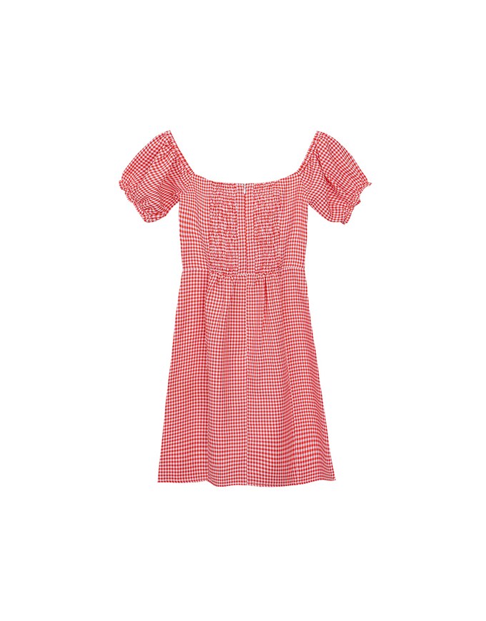 Gingham Off Shoulder Puff Sleeve Button Front Padded Mini Dress
