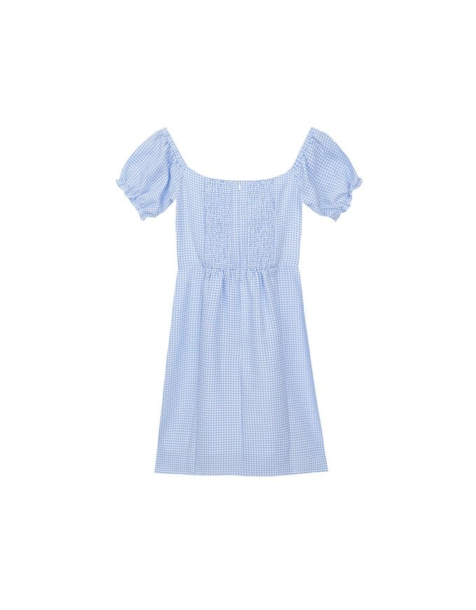 Gingham Off Shoulder Puff Sleeve Button Front Padded Mini Dress