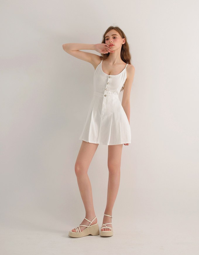 Spaghetti Strap Flared Jeans Denim Mini Dress with Front Button Detail