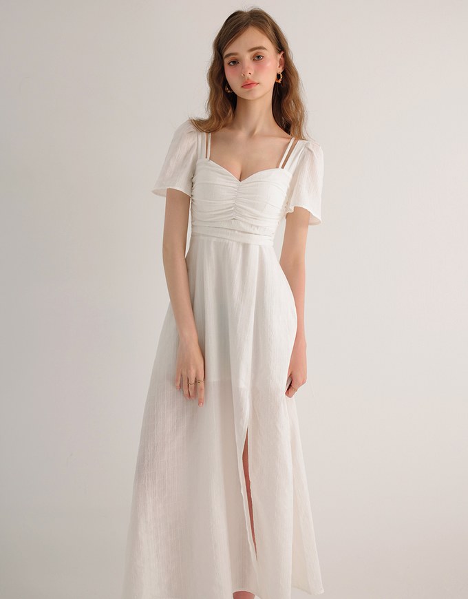 Sweetheart Puff Sleeve Ruched Bodice Check Padded Maxi Dress