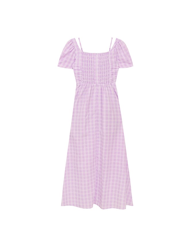 Sweetheart Puff Sleeve Ruched Bodice Check Padded Maxi Dress