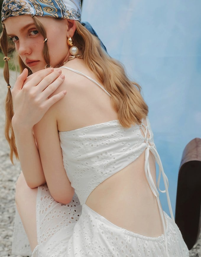 Eyelet Embroidered Padded Cami Maxi Dress with Crisscross Back Detail