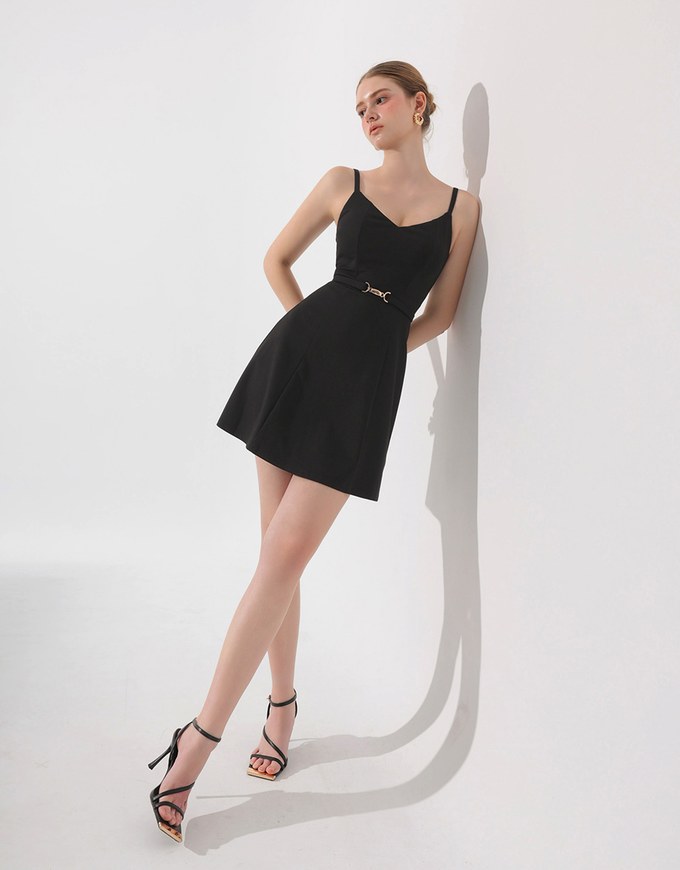 AIRY HOURGLASS V Neck Padded Mini Dress with Gold Buckle Waist Detail