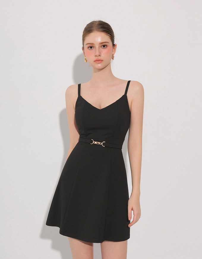 AIRY HOURGLASS V Neck Padded Mini Dress with Gold Buckle Waist Detail