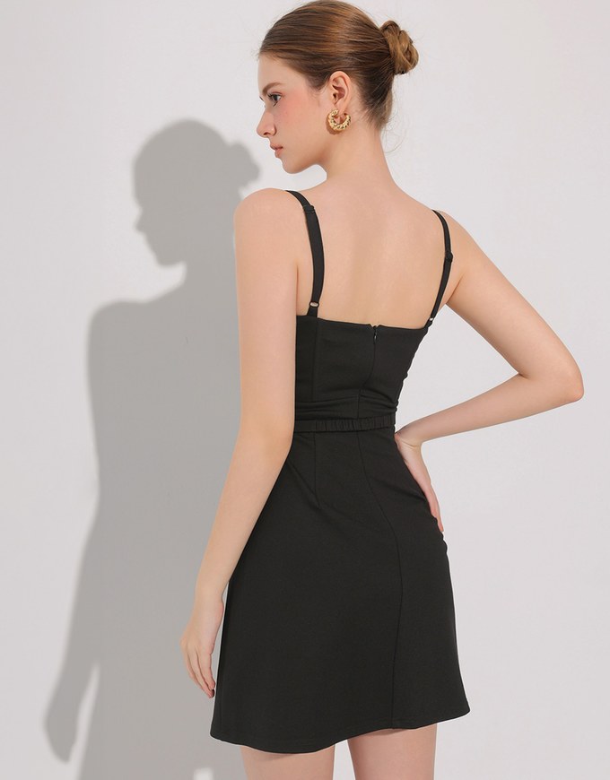 AIRY HOURGLASS V Neck Padded Mini Dress with Gold Buckle Waist Detail