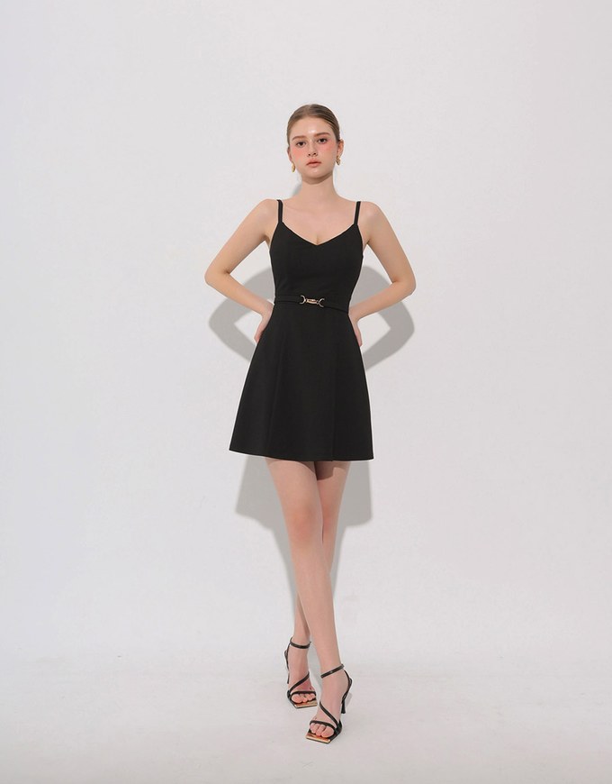 AIRY HOURGLASS V Neck Padded Mini Dress with Gold Buckle Waist Detail