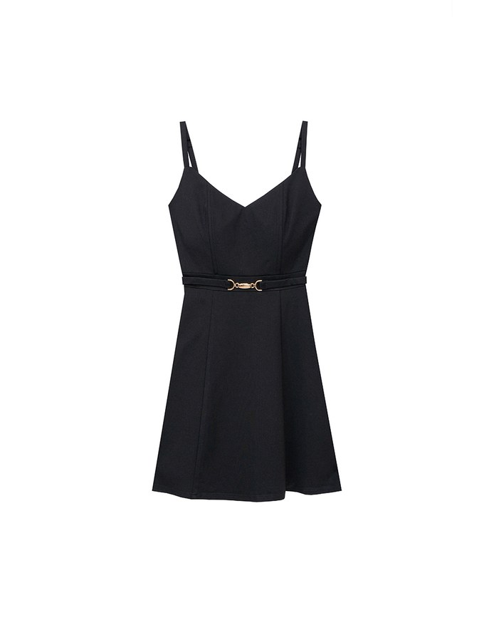 AIRY HOURGLASS V Neck Padded Mini Dress with Gold Buckle Waist Detail