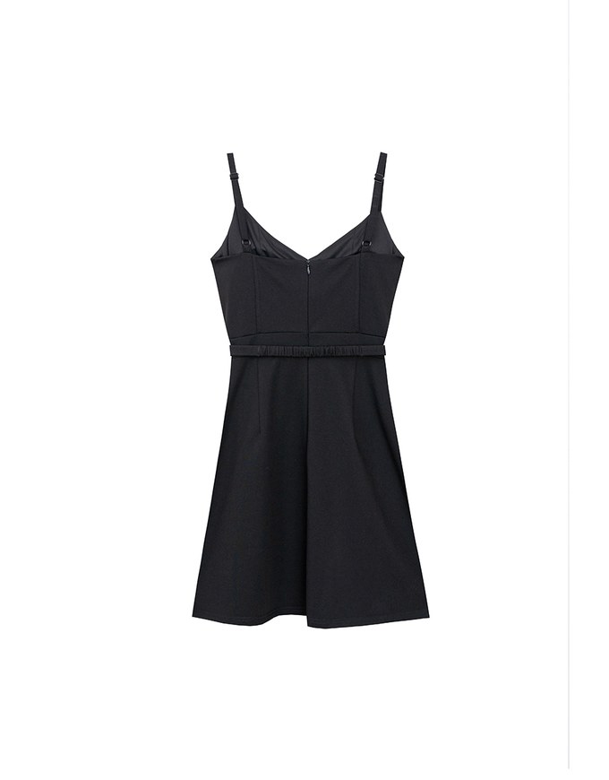AIRY HOURGLASS V Neck Padded Mini Dress with Gold Buckle Waist Detail