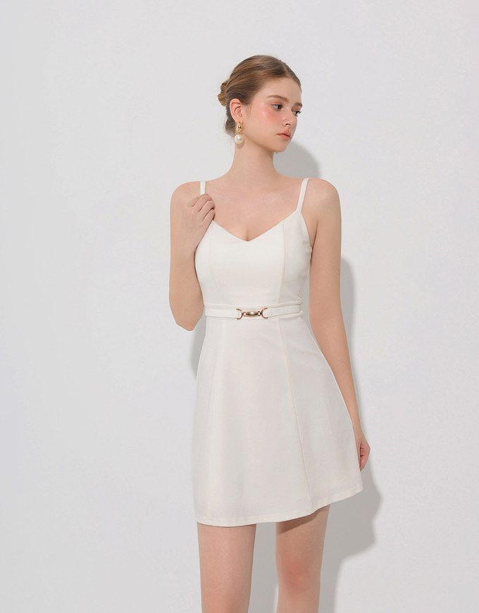 AIRY HOURGLASS V Neck Padded Mini Dress with Gold Buckle Waist Detail
