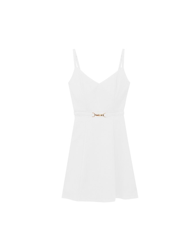 AIRY HOURGLASS V Neck Padded Mini Dress with Gold Buckle Waist Detail