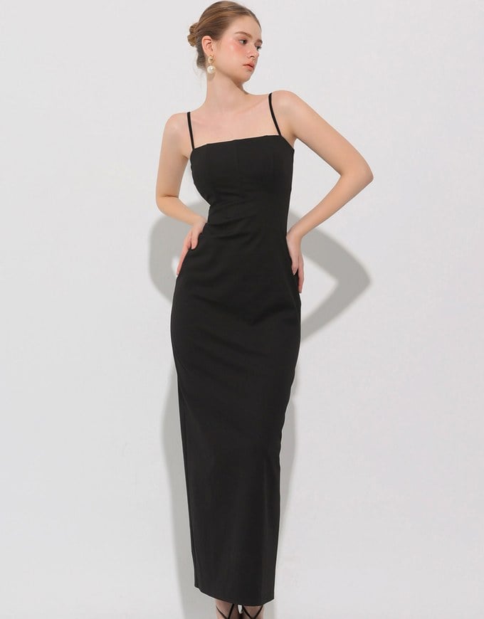 AIRY HOURGLASS Fitted Square Neck Padded Maxi Dress with Back Slit and Adjustable Straps