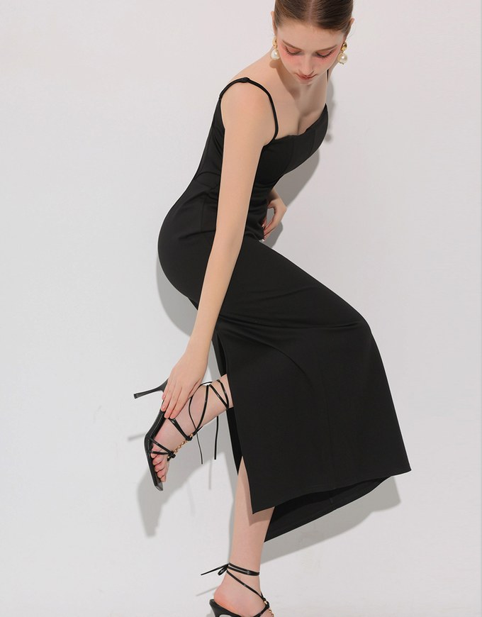 AIRY HOURGLASS Fitted Square Neck Padded Maxi Dress with Back Slit and Adjustable Straps