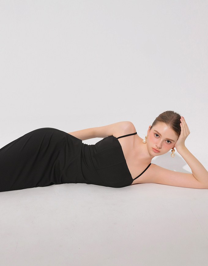 AIRY HOURGLASS Fitted Square Neck Padded Maxi Dress with Back Slit and Adjustable Straps