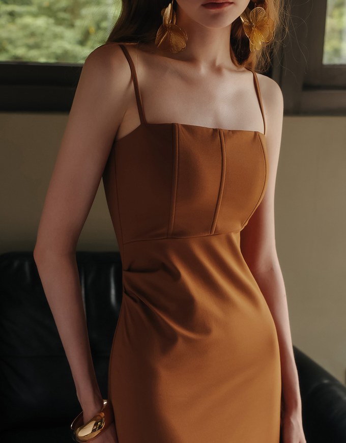 AIRY HOURGLASS Fitted Square Neck Padded Maxi Dress with Back Slit and Adjustable Straps