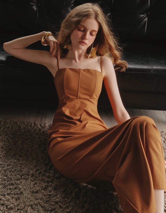 AIRY HOURGLASS Fitted Square Neck Padded Maxi Dress with Back Slit and Adjustable Straps
