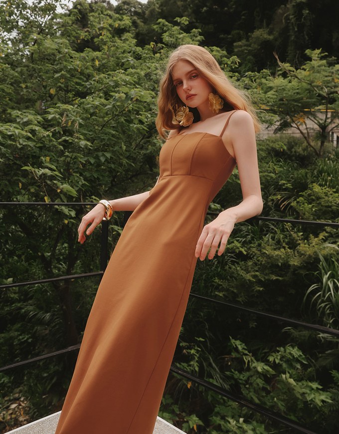 AIRY HOURGLASS Fitted Square Neck Padded Maxi Dress with Back Slit and Adjustable Straps