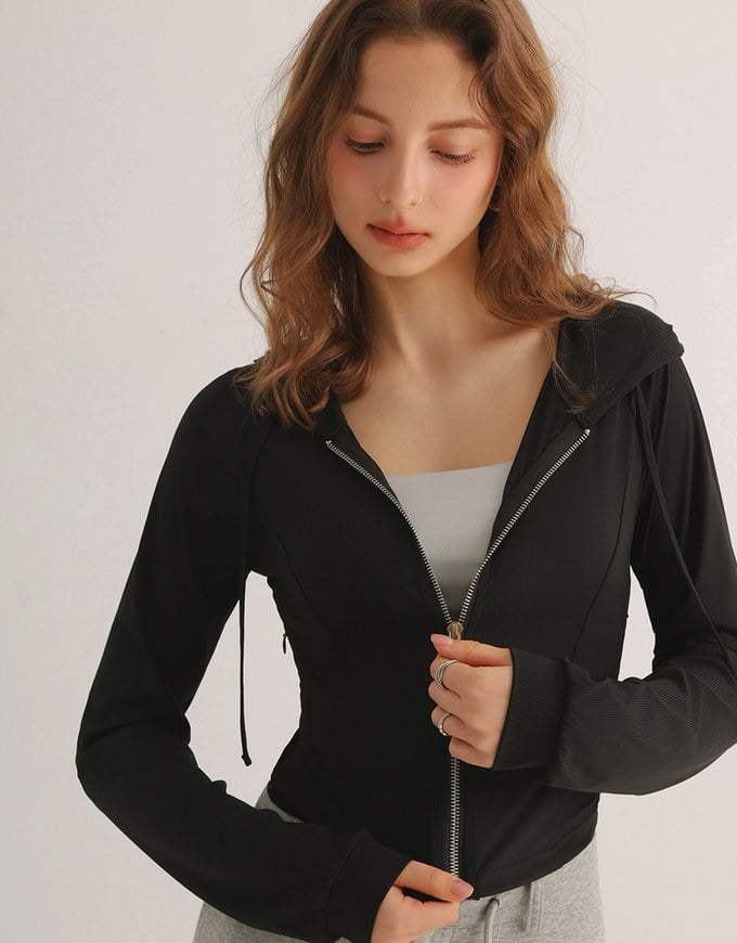 Cooling Fabric Fitted Zip-Up Hooded Jacket with Pockets Detail