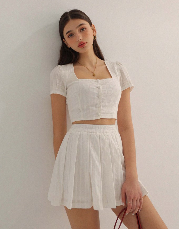 Striped Square Neck Crop Top With Pleated Mini Skirt Set Wear