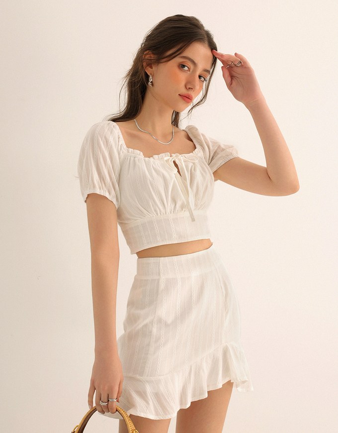 Textured Puff Sleeve Crop Top And Asymmetrical Ruffle Mini Skirt Set Wear (2-Way Wearable Design)