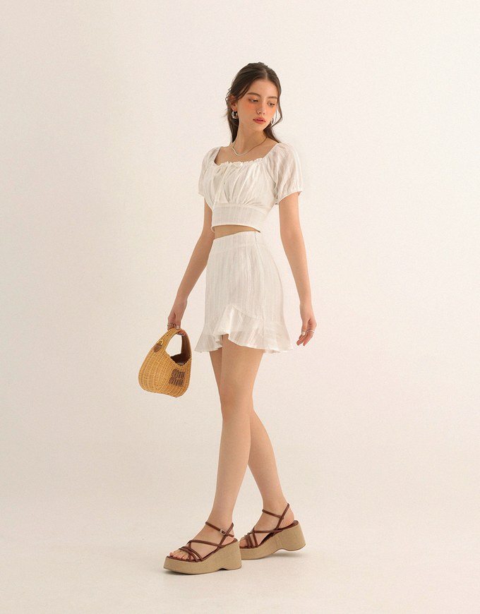 Textured Puff Sleeve Crop Top And Asymmetrical Ruffle Mini Skirt Set Wear (2-Way Wearable Design)