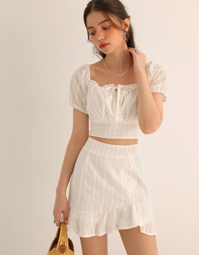 Textured Puff Sleeve Crop Top And Asymmetrical Ruffle Mini Skirt Set Wear (2-Way Wearable Design)