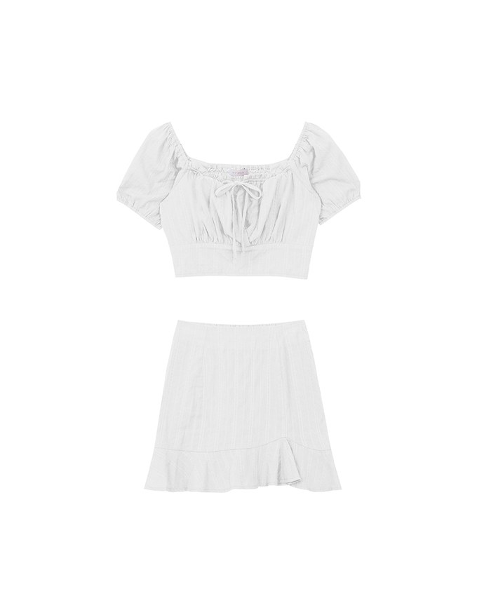Textured Puff Sleeve Crop Top And Asymmetrical Ruffle Mini Skirt Set Wear (2-Way Wearable Design)
