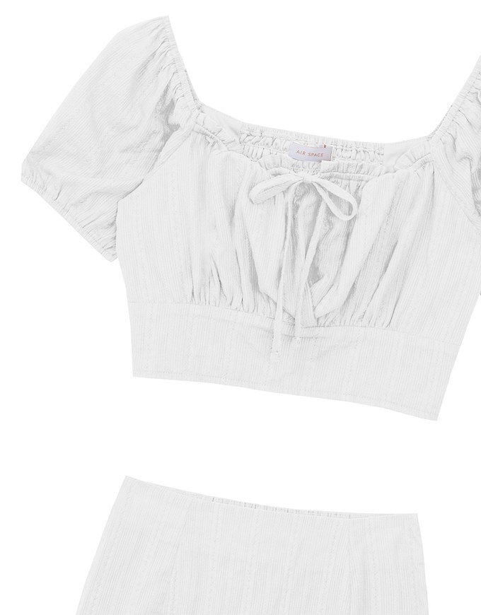 Textured Puff Sleeve Crop Top And Asymmetrical Ruffle Mini Skirt Set Wear (2-Way Wearable Design)